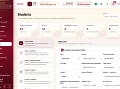 Students screen showing student-register metrics and an add-student form with fields for class, name, date of birth, IDs, and school number.