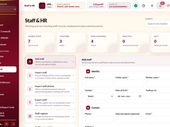 Staff & HR screen showing staff totals and an add-staff form with blank identity and contact fields.