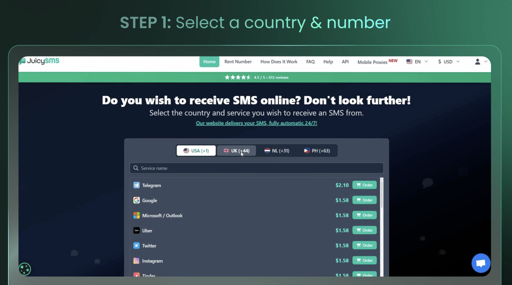 JuicySMS web interface shown under the heading “STEP 1: Select a country & number,” with country tabs and a list of services, prices, and Order buttons.