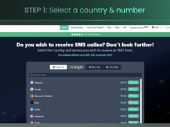 JuicySMS web interface shown under the heading “STEP 1: Select a country & number,” with country tabs and a list of services, prices, and Order buttons.