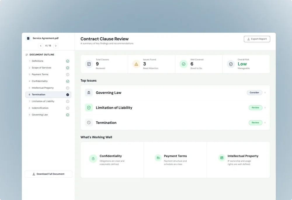 Contract Clause Review dashboard for Service Agreement.pdf showing nine clauses reviewed, three issues found, a low overall risk, top issues, and favorable clauses.