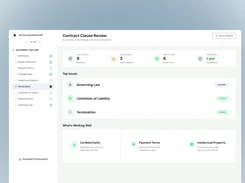 Contract Clause Review dashboard for Service Agreement.pdf showing nine clauses reviewed, three issues found, a low overall risk, top issues, and favorable clauses.