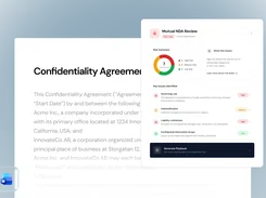 Mutual NDA Review panel over a confidentiality agreement, with a seven-issue risk summary, identified key issues, risk ratings, and a Generate Playbook button.