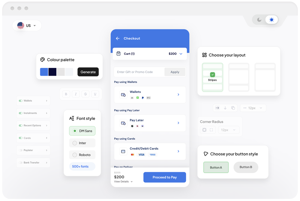Design a pixel-perfect checkout UI that balances local payment methods with your brand, without writing a single line of code. Deploy seamlessly across all platforms with powerful A/B testing frameworks.