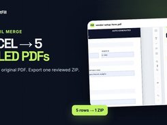 PDF mail merge: five spreadsheet rows become five filled copies of the same PDF, reviewed and exported as one ZIP.