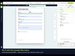 JustFill web app displayed in a browser, showing a client intake form preview in the center, a dark left navigation bar, and a right-side settings panel.