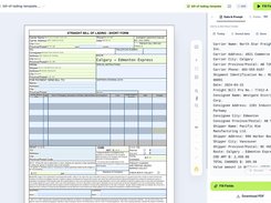 Editor with a bill of lading: pasted shipment data is placed into the fields JustFill detected on the PDF.