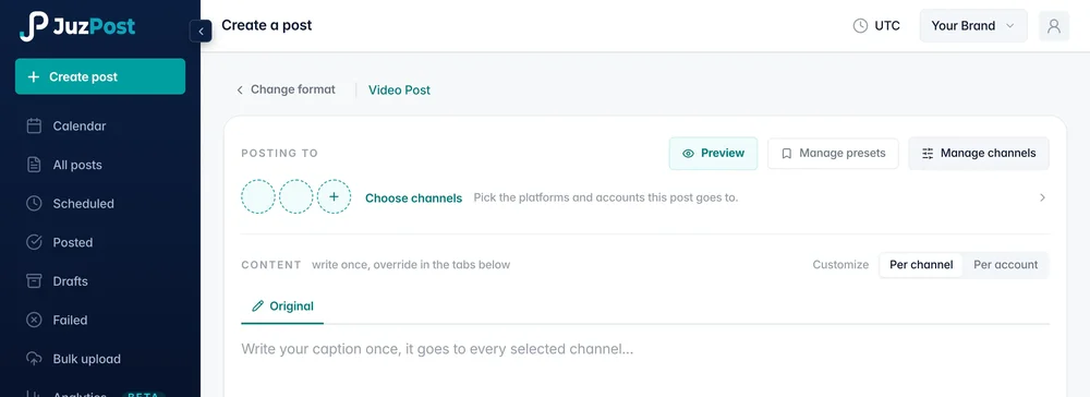 JuzPost Create a post page showing navigation, channel selection, preview and channel-management controls, and a caption editor for a video post.