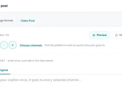 JuzPost Create a post page showing navigation, channel selection, preview and channel-management controls, and a caption editor for a video post.