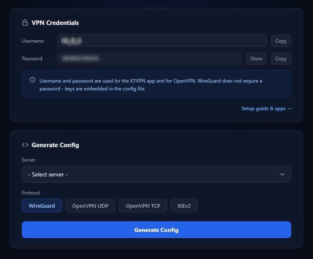 K1VPN Dashboard - Connections Screen
