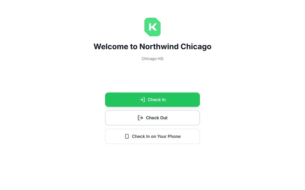 White kiosk welcome screen for Northwind Chicago with Check In, Check Out, and Check In on Your Phone buttons.