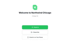 White kiosk welcome screen for Northwind Chicago with Check In, Check Out, and Check In on Your Phone buttons.