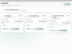 Locations management page showing active cards for Chicago HQ, Denver Field Office, and Milwaukee Operations Center with occupancy and kiosk launch controls.