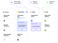 AI suggestions and summaries appear directly on the cards where work happens, visible to your whole team, not hidden in a private AI chat. Every suggestion requires a person to Apply or View before anything changes.
