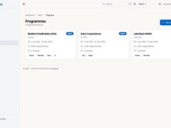 Karagem Programmes page listing three active programmes with dates, target farmer counts, counties, and a New programme button.