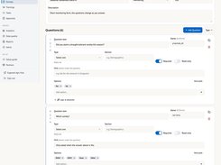 Karagem survey builder for a seasonal household check-in, with question fields, answer options, required toggles, skip logic, constraints, and form controls.