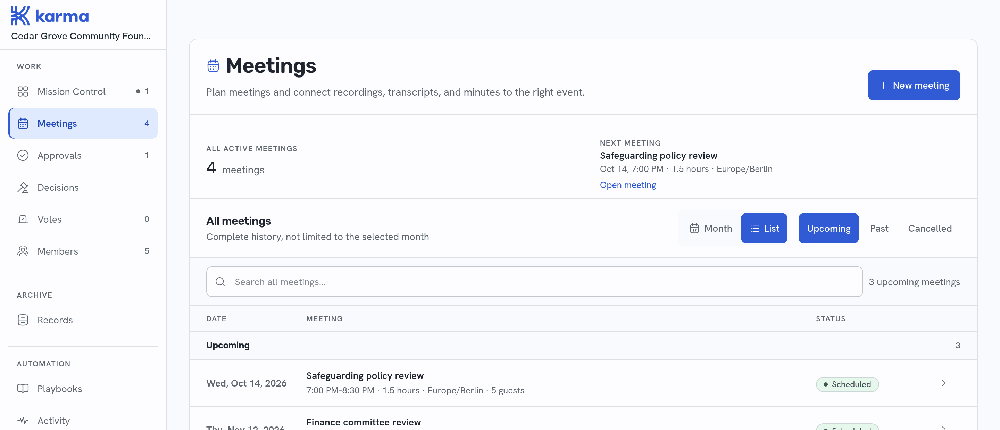 Karma web application Meetings page showing a sidebar navigation, active-meeting count, next-meeting details, meeting list controls, search field, and upcoming scheduled meetings.