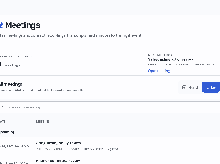 Karma web application Meetings page showing a sidebar navigation, active-meeting count, next-meeting details, meeting list controls, search field, and upcoming scheduled meetings.