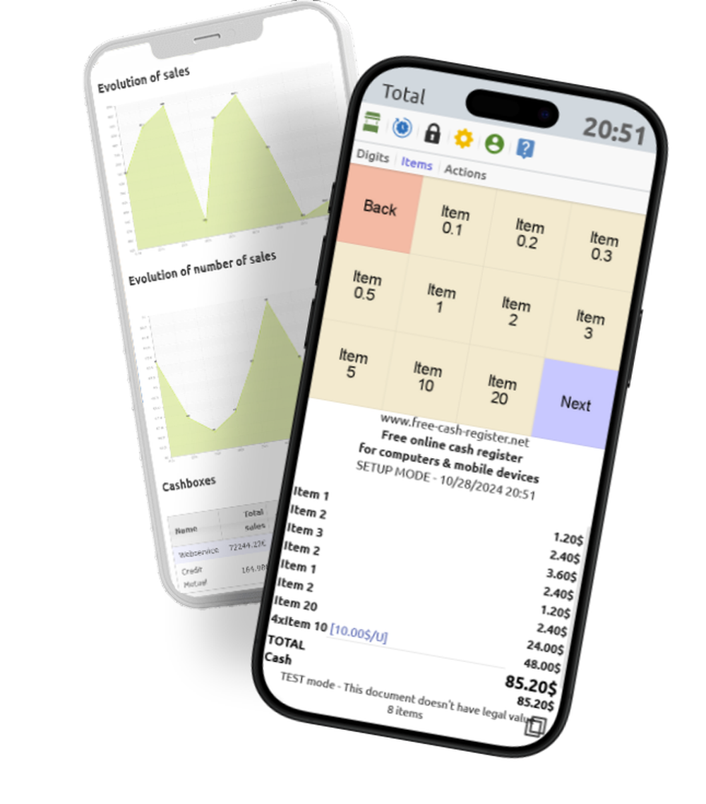 Two smartphone mockups display a point-of-sale interface with item tiles, a receipt, sales charts, and cashbox information.