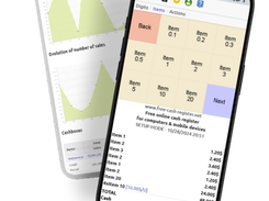 Two smartphone mockups display a point-of-sale interface with item tiles, a receipt, sales charts, and cashbox information.