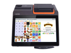 A portable point-of-sale terminal with integrated printer displays a product-grid checkout interface and transaction receipt panel.