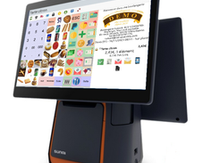 A black point-of-sale terminal displays a colorful product-selection keypad and a receipt-style transaction panel.