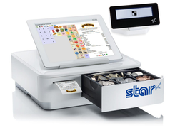 A white cash-register drawer with coins, receipt printer, customer display, and tablet showing a colorful point-of-sale sales screen.