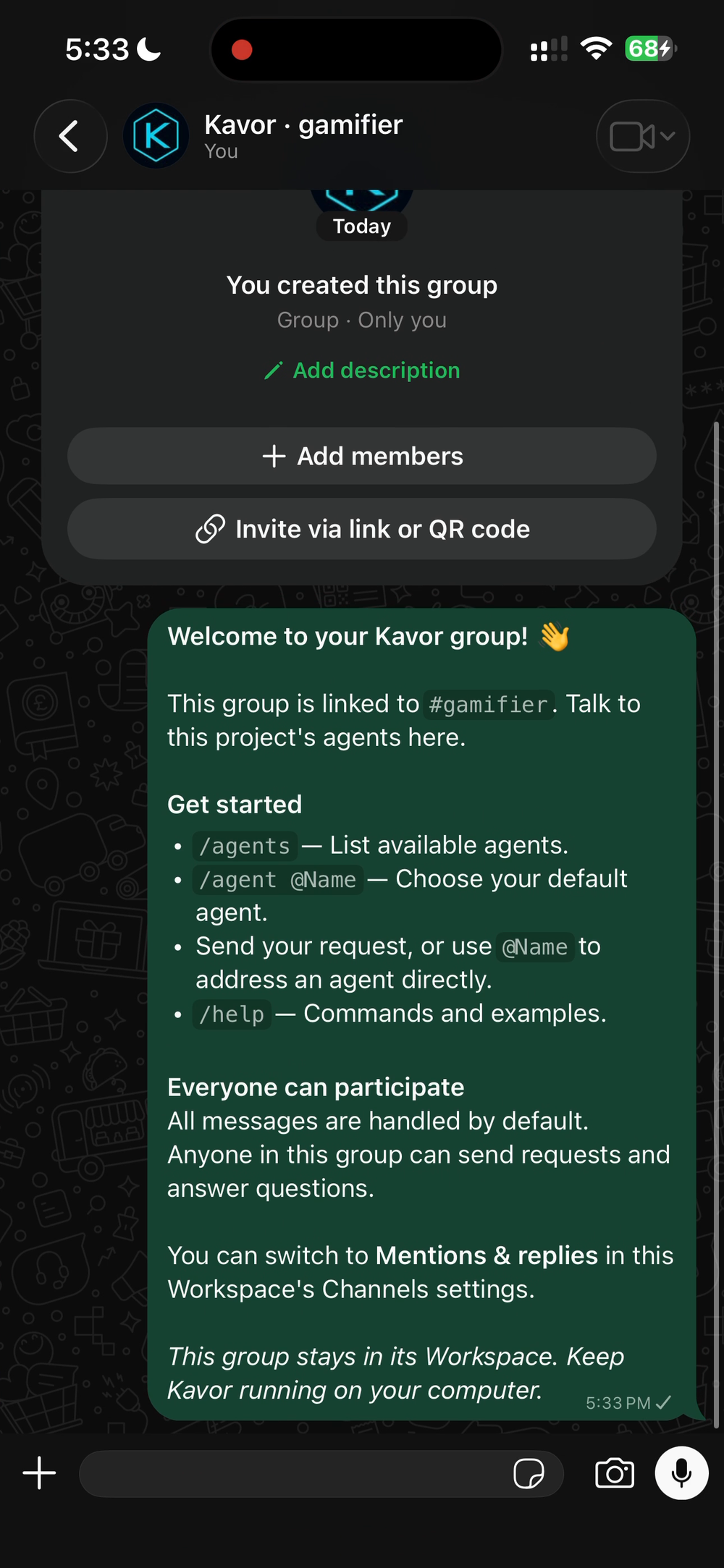 WhatsApp group welcome message for a Kavor workspace linked to the gamifier project.