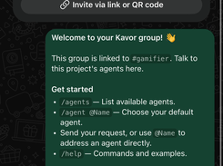 WhatsApp group welcome message for a Kavor workspace linked to the gamifier project.