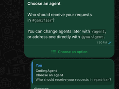 WhatsApp chat configuring a Kavor coding agent for the gamifier workspace.