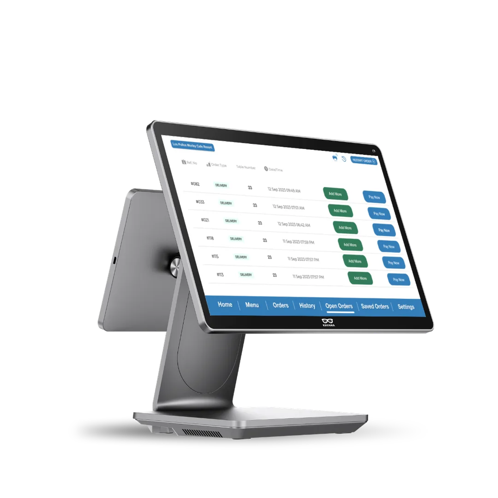 An isolated Kayana point-of-sale terminal displays an open-orders list with Add More and Pay Now buttons.