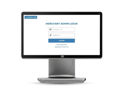 A Kayana terminal displays a merchant admin login screen with Merchant ID and Password fields.