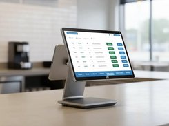 A Kayana point-of-sale terminal on a counter displays an open-orders table with payment controls.