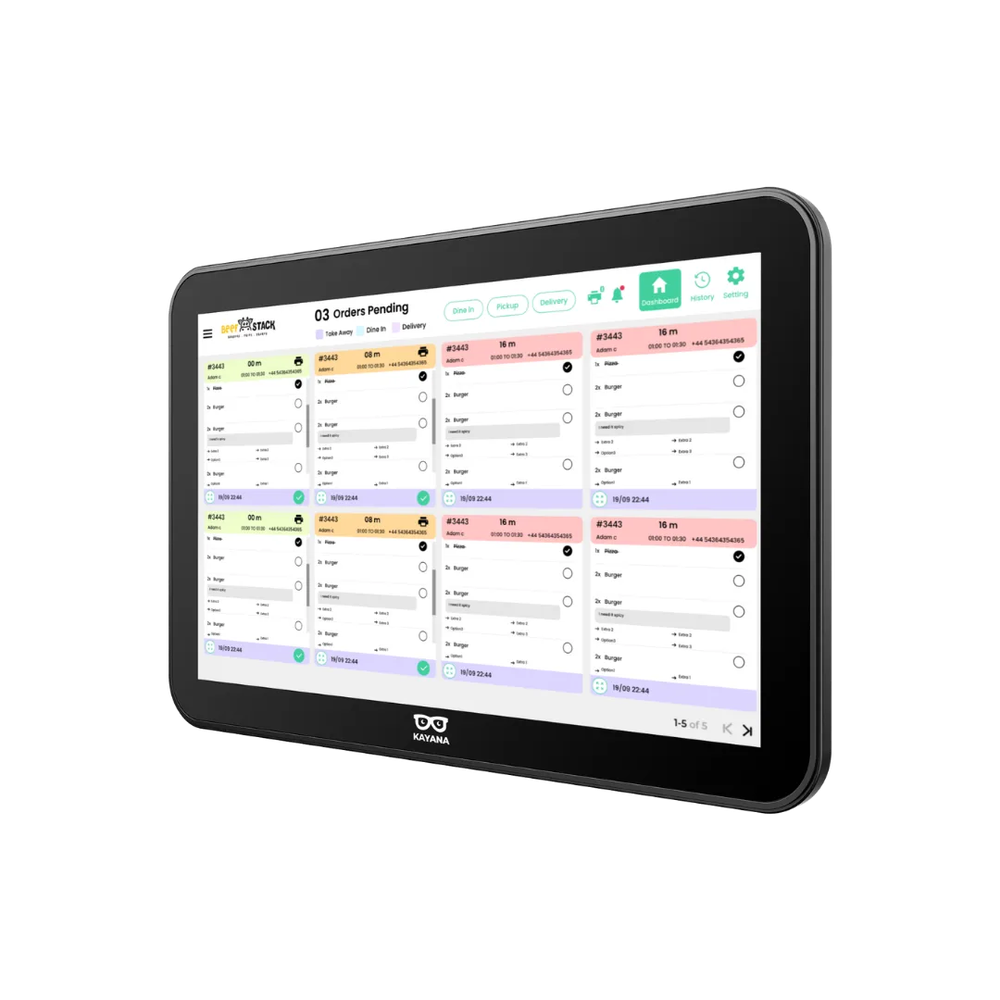 A Kayana touchscreen displays eight color-coded kitchen order tickets with item lists and completion controls.