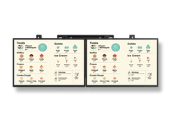 Two digital menu displays show illustrated ice cream, gelato, waffle, crepe, and cookie dough menu items and prices.