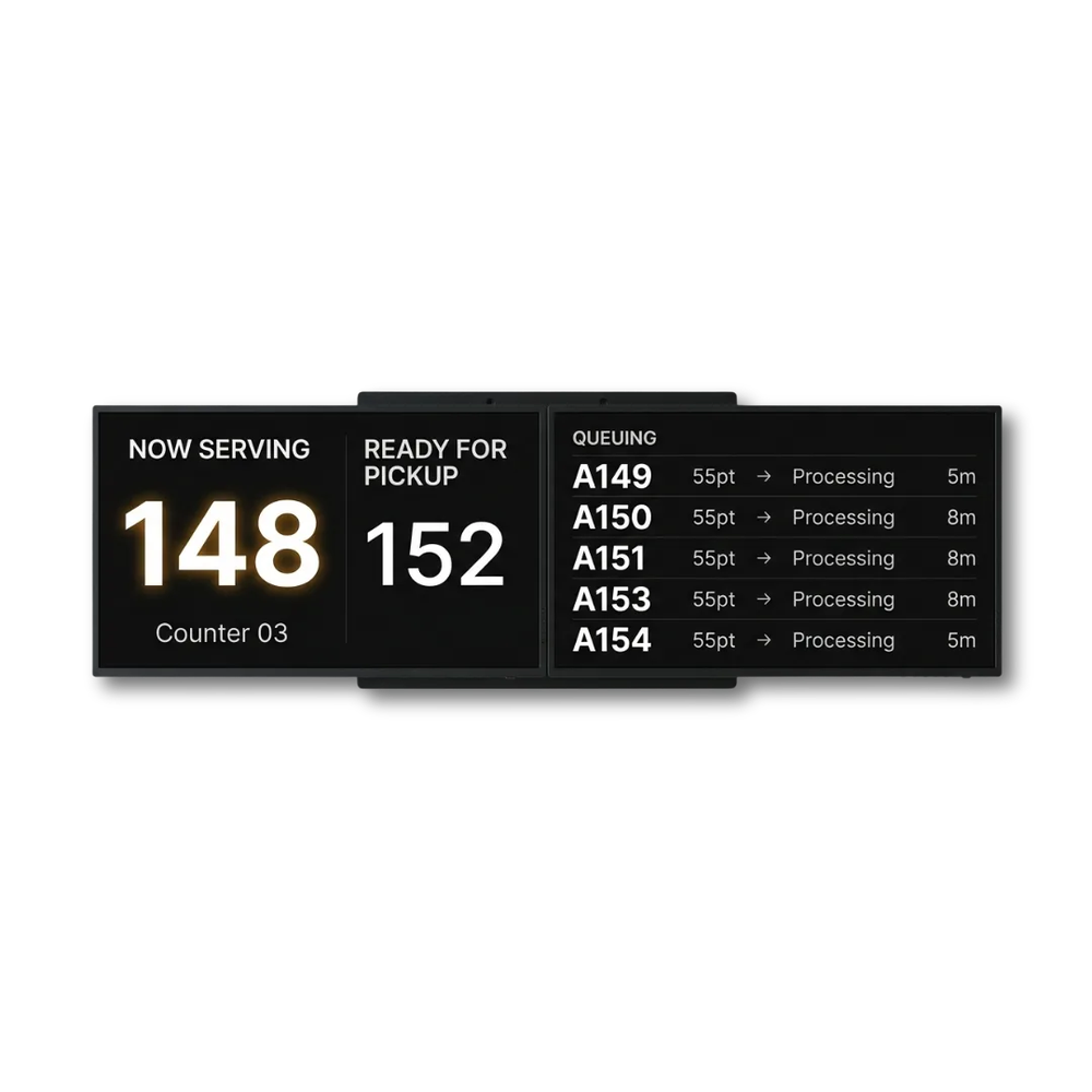 A wide digital order-status display shows now-serving number 148, ready-for-pickup number 152, and a queue of processing orders.