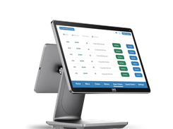A Kayana countertop point-of-sale terminal displays an open-orders list with order numbers, delivery labels, and payment buttons.