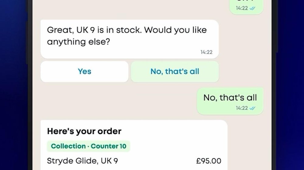 Mobile chat ordering interface with stock confirmation buttons and an order summary for Stryde Glide, UK 9 at £95.00.