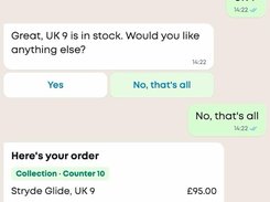 Mobile chat ordering interface with stock confirmation buttons and an order summary for Stryde Glide, UK 9 at £95.00.