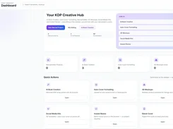 Kdp Magic dashboard showing sidebar tools for AI Book Cover Creation, formatting, 3D mockups, social media kits, manual editing, resizing, and utilities, plus dashboard action cards.