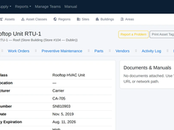 Asset record with manufacturer, model, serial number, install date and warranty