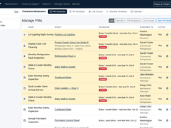 PM schedules with assets, intervals, next due dates and assigned technicians