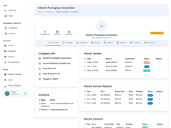 Company record: quotes, service reports, invoices, contacts and equipment for one customer, on one page