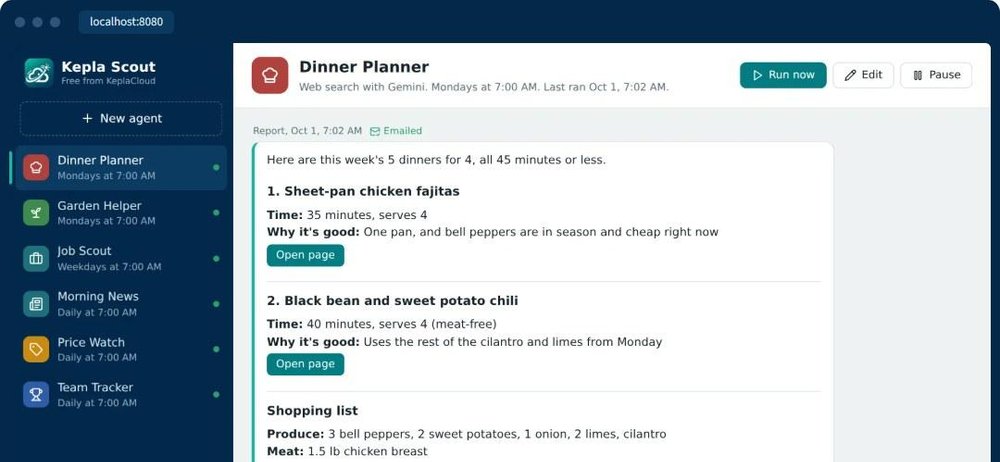 Dinner Planner agent's weekly report: five dinners and a shopping list, written in plain English