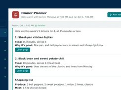 Dinner Planner agent's weekly report: five dinners and a shopping list, written in plain English