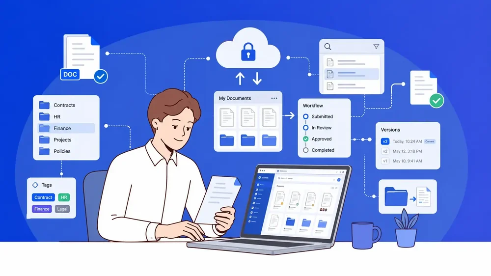 Document management workflow diagram showing folders, cloud security, workflow states, version history, tags, and a laptop interface.