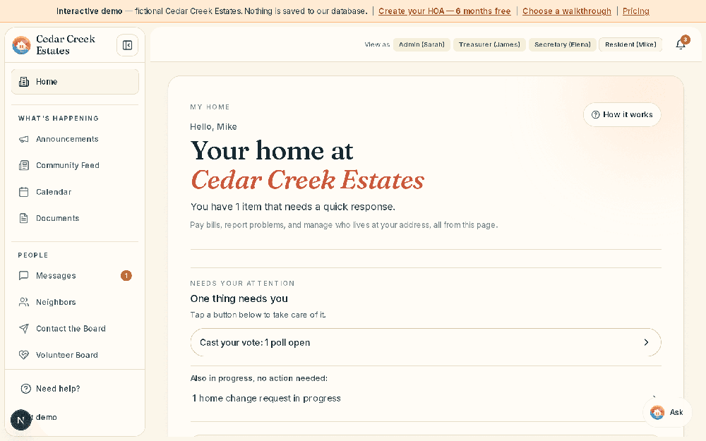 KindHOA interactive-demo resident home dashboard for fictional Cedar Creek Estates, showing navigation, a poll prompt, and a home-change request status.