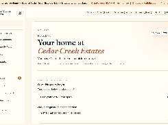 KindHOA interactive-demo resident home dashboard for fictional Cedar Creek Estates, showing navigation, a poll prompt, and a home-change request status.