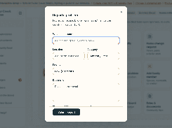 KindHOA interactive-demo modal titled “Report a problem” with fields for issue, location, category, priority, and description, plus a Submit Report button.