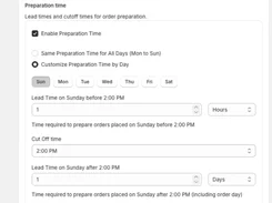Configuration screen titled “Preparation time” with enabled preparation-time settings, weekday tabs, lead-time numeric fields, unit selectors, and a 2:00 PM cutoff-time selector.